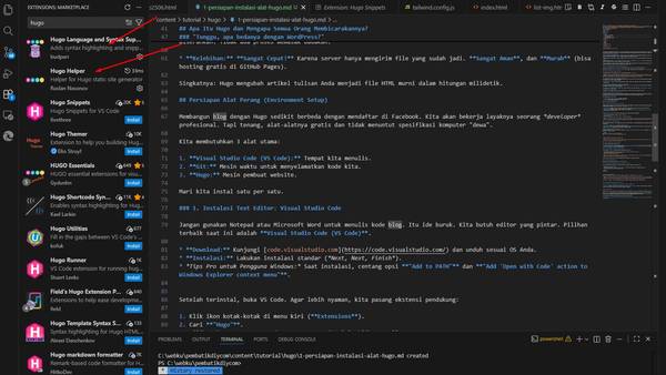 Tampilan instalasi Ekstensi Hugo di Visual Studio Code